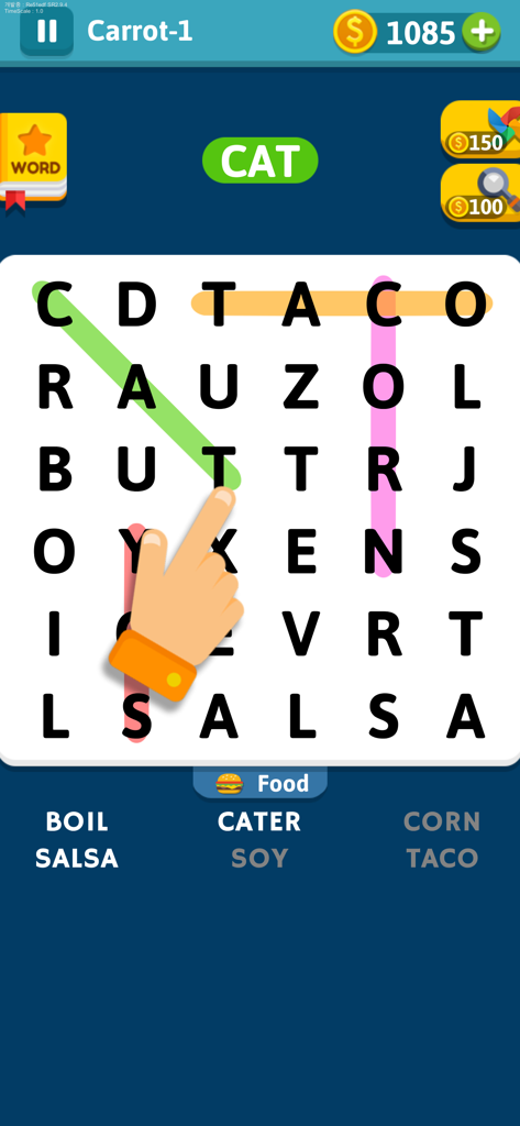 Gameplay screen of Word Search Hidden Words showing a food themed puzzle grid with highlighted words and a hand tutorial