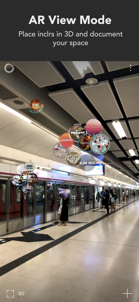 Inclr app AR View Mode displaying circular digital notes and information clusters in a 3D physical space.