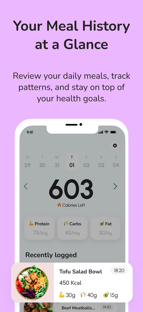 Interface do aplicativo CalCountAI mostrando o rastreamento calórico diário e o registro do histórico de refeições