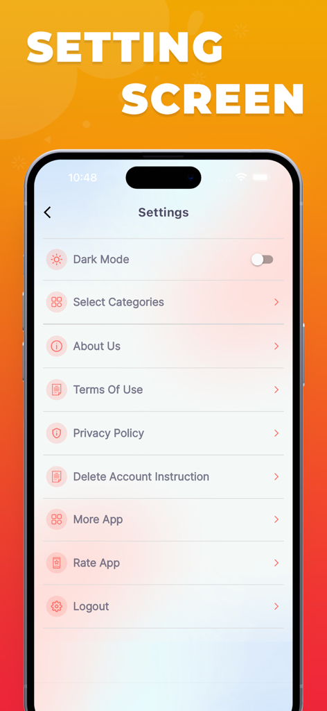 NewsAtTimeアプリの設定画面。ダークモードトグルとニュースカテゴリーのカスタマイズオプションが表示されています。