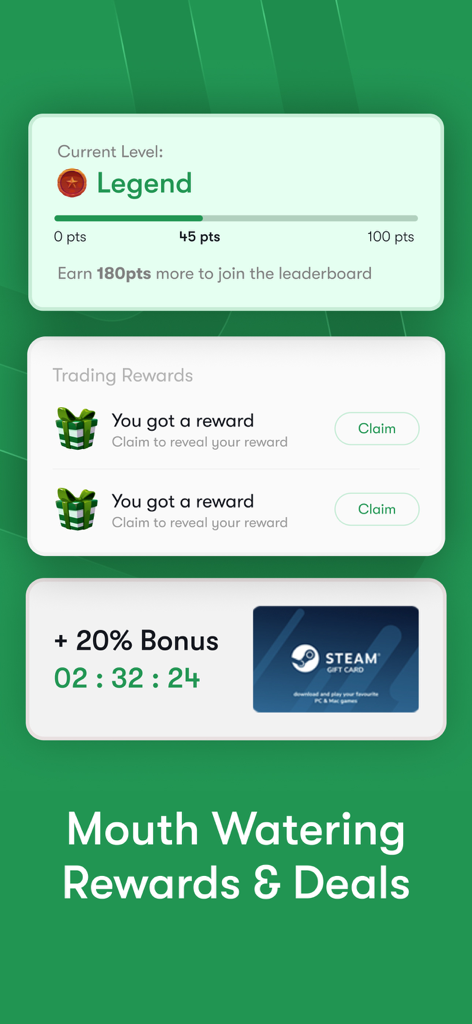 Apexpay - Redeem Gift Cards - Apexpay app interface showing user level legend, trading rewards, and a 20 percent bonus on Steam gift cards