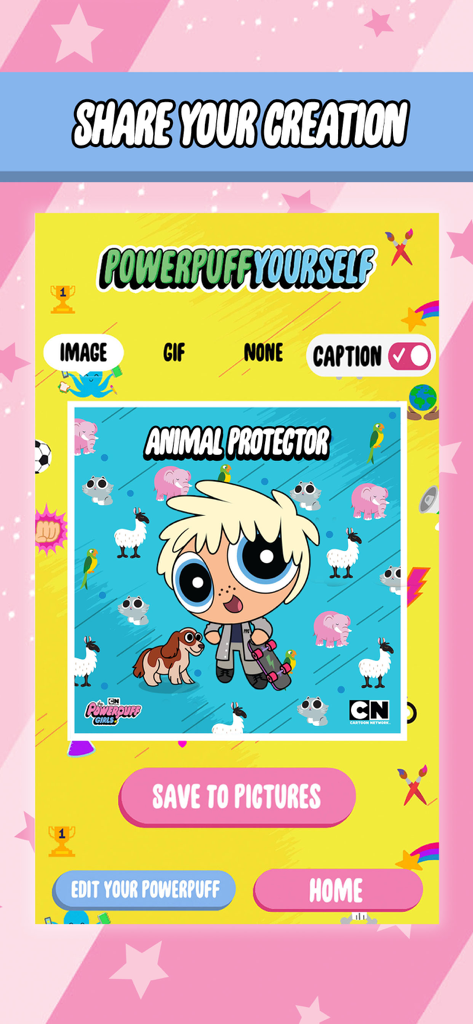 Un avatar Powerpuff personalizzato in stile ragazzo con capelli biondi che tiene uno skateboard con la didascalia Animal Protector nella schermata di condivisione.
