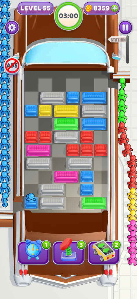 Seat Away - Gameplay of Seat Away showing colored seats and passengers in a strategy puzzle level