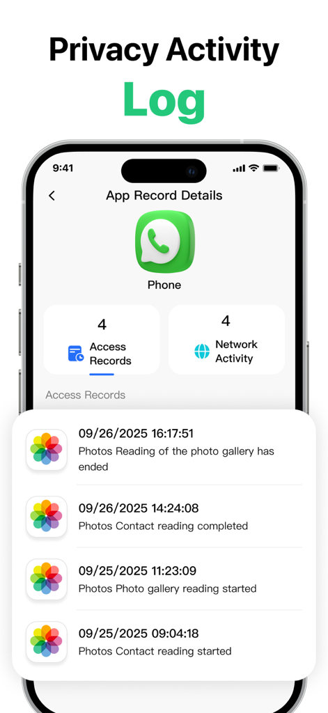 Home Security Camera Scan - Captura de pantalla de la pantalla del Registro de Actividad de Privacidad mostrando registros detallados de acceso a la aplicación y marcas de tiempo de la actividad de red