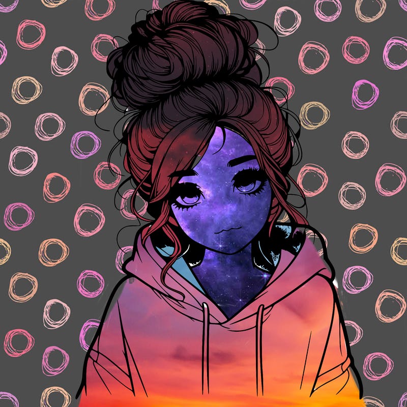 realistic girl with a massy bun and a hoodie