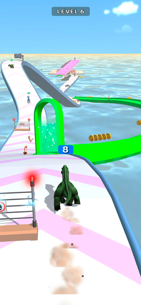 Un dinosaurio verde corriendo en un circuito de obstáculos sobre agua en el juego Dino Run.