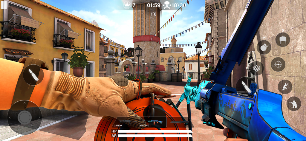 Hazmob FPS: Online Shooter - First person shooter gameplay in Hazmob FPS showing a customized blue weapon skin in an urban environment