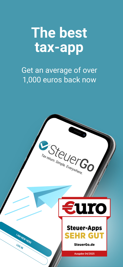 Tax Return Germany | Steuer Go - Pantalla promocional de la aplicación SteuerGo para declaraciones de impuestos alemana que muestra un reembolso promedio de 1000 euros y una calificación superior de la revista Euro.