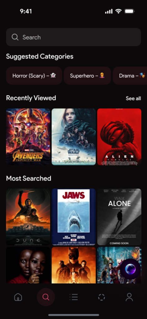 The Movie App - Discovery screen of The Movie App featuring a search bar movie categories and trending film posters