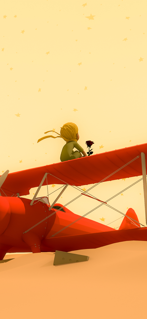 The Little Prince sitting on the wing of a red airplane next to a rose under a starry sky