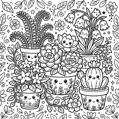 Discover an enchanting world where botanical beauty meets irresistible cuteness with this Kawaii plant coloring page. Featuring a delightful array of potted plants, each adorned with sweet, expressive faces, it's a perfect blend of nature and charm for all ages.