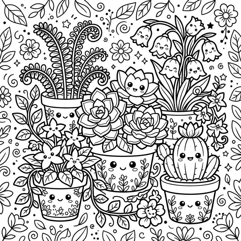 Discover an enchanting world where botanical beauty meets irresistible cuteness with this Kawaii plant coloring page. Featuring a delightful array of potted plants, each adorned with sweet, expressive faces, it's a perfect blend of nature and charm for all ages.