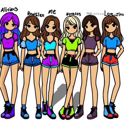 a group of girls wearing crop tops and shorts