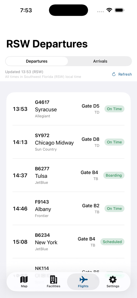 SW Florida RSW Airport - RSW Airport app displaying flight departure times gate information and status updates