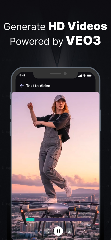 Smartphone screen showing an AI video of a woman on a drone with the caption Generate HD Videos Powered by VEO3