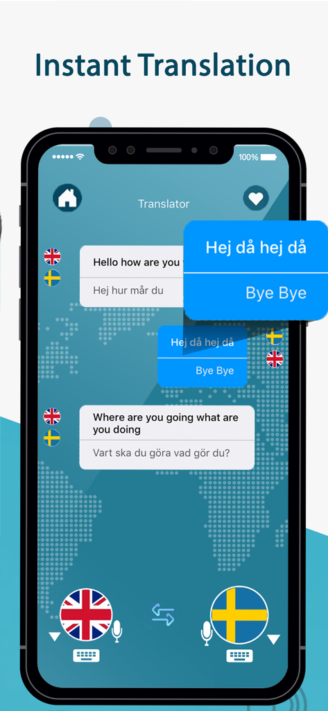 Voice to Text- Voice Typing - Interface of the voice to text app displaying instant translation between English and Swedish.