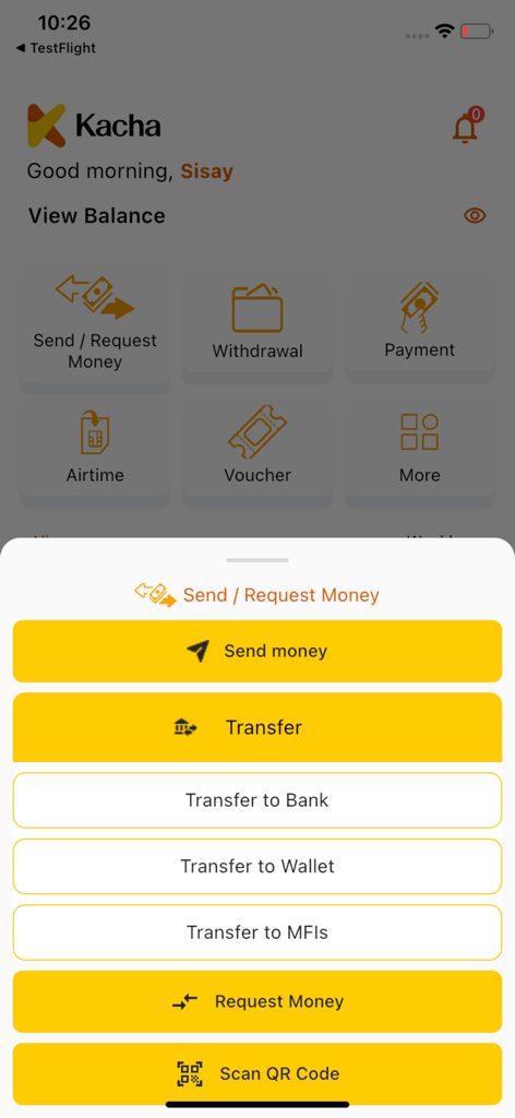 Kacha Customerアプリのインターフェース。銀行およびウォレット転送を含む送金および受取オプションが表示されています。