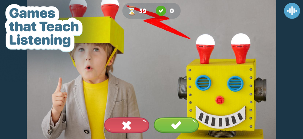 Plingo: English - A child wearing a cardboard helmet next to a robot in an English listening game for kids
