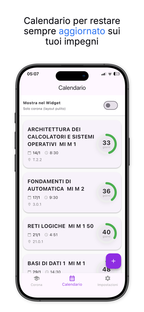 Folium-Libretto Universitario - Folium app calendar screen displaying a list of university exams with dates and countdown timers