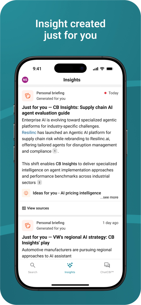 CB Insights - A mobile screen from the CB Insights app showing personalized business intelligence briefings on AI agents and corporate strategy.
