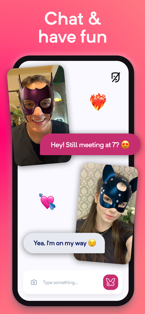 PeekUp: The Casual Dating App - Interfaz de chat móvil de la app PeekUp mostrando usuarios con divertidas máscaras de RA y emojis.