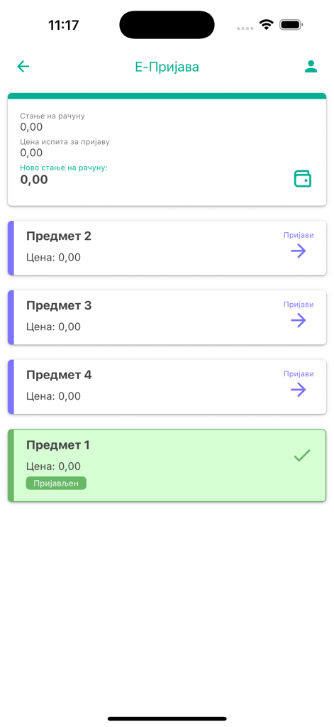 M-Indeks - Mobile screen of the M-Indeks app showing student exam registration and account balance status.