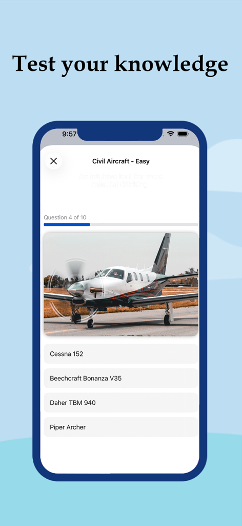SkySpotter - SkySpotter app screenshot showing a civil aircraft identification quiz question