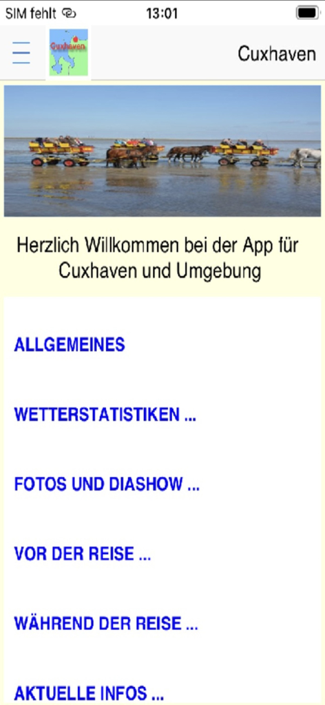 Cuxhaven App für den Urlaub - Home screen of the Cuxhaven vacation app showing German navigation menu and horse-drawn carriages on the mudflats.
