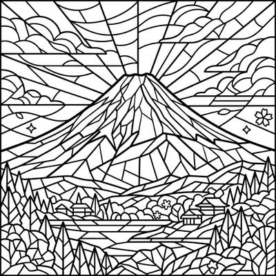 Capture the serene grandeur of Japan's Mount Fuji with this stunning stained glass coloring page. Its intricate, angular design offers a unique artistic challenge and a beautiful way to unwind.