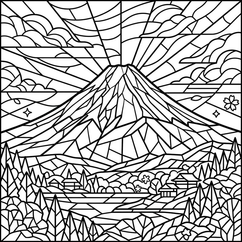 Capture the serene grandeur of Japan's Mount Fuji with this stunning stained glass coloring page. Its intricate, angular design offers a unique artistic challenge and a beautiful way to unwind.