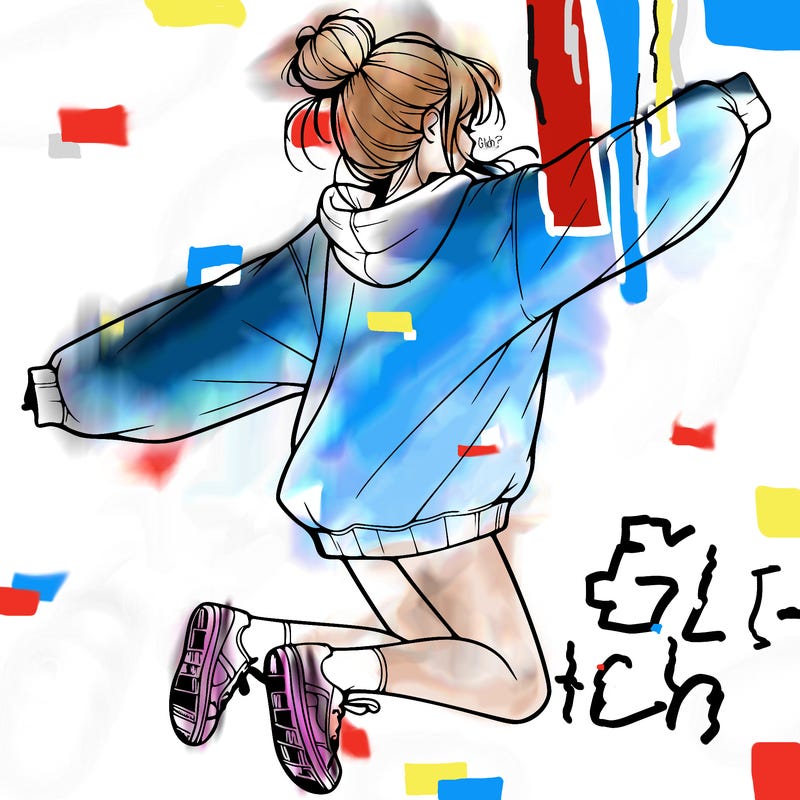 realistic girl jumping with a bun and oversized sweatshirt