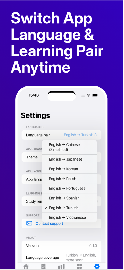 3000 Words Learn English Daily - Interface showing language pair selection in 3000 Words Learn English Daily app