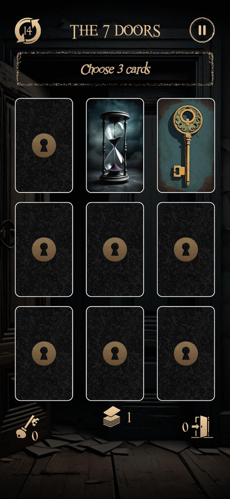 Écran de jeu du jeu de cartes d'évasion The 7 Doors montrant une grille de cartes comprenant une clé et un sablier