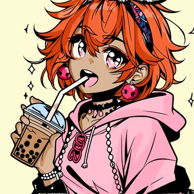 hot baddie anime girl drinking boba and biting the straw