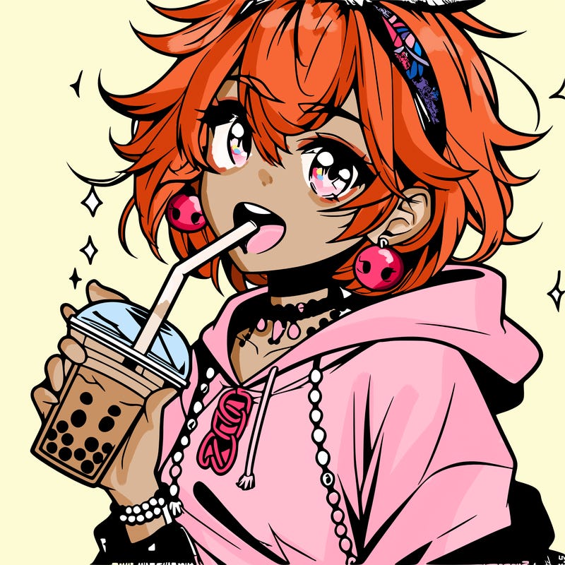 hot baddie anime girl drinking boba and biting the straw