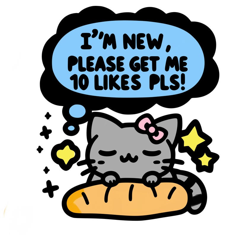 kitty taking a nap dream talking and saying "i'm new, please get me at least 10 likes pls!!"