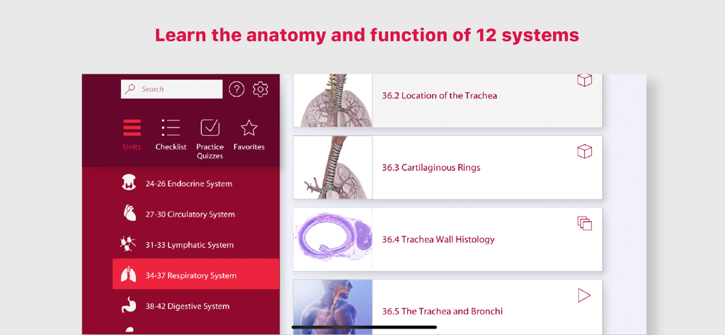Anatomy & Physiology - Interface of the Anatomy and Physiology app showing the respiratory system modules with 3D models and histology