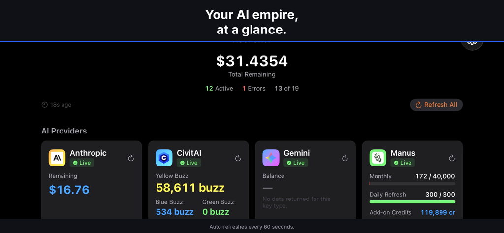 Reckoner App - Reckoner app interface displaying total AI credit balances and provider statuses