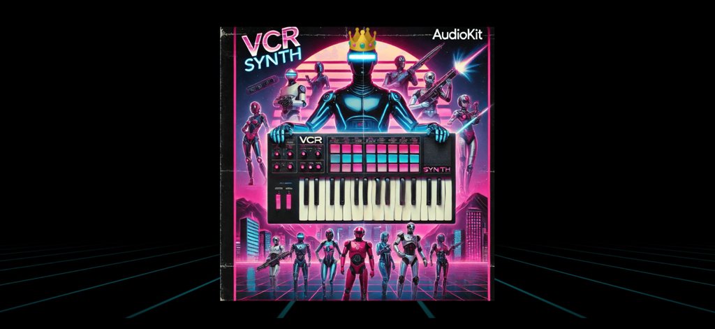Retro synthwave artwork featuring a crowned robot playing a VCR Synth keyboard in a neon city