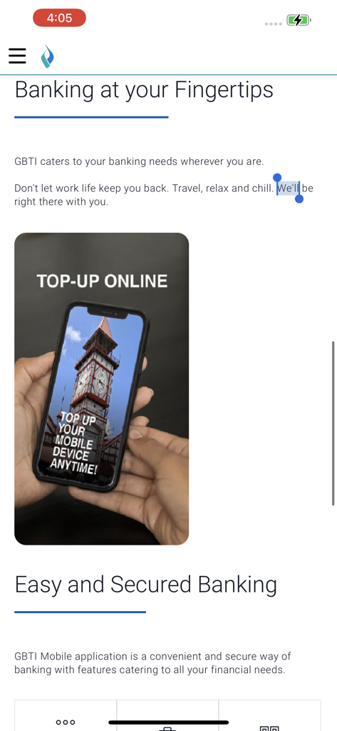 GBTI GO Banking mobile app screen showing the online top up feature