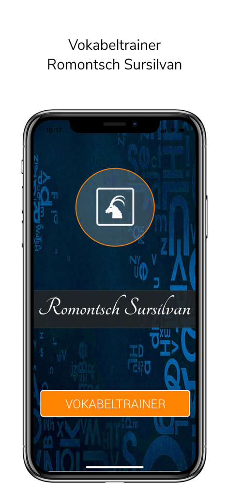 Tela inicial do aplicativo Vokabeltrainer Sursilvan com um logotipo de íbex laranja e botão Iniciar