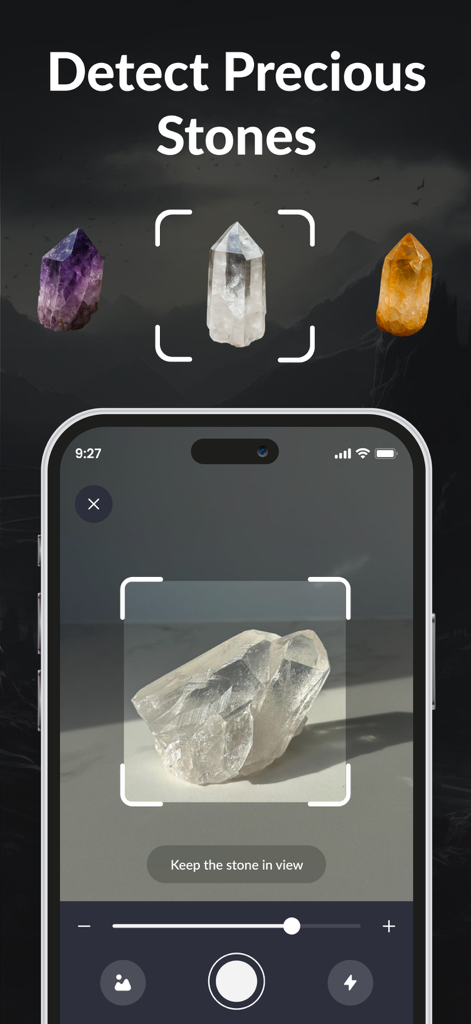 Stone Identifier ⁃ Rock Finder - A smartphone interface scanning a clear crystal for identification with the text Detect Precious Stones