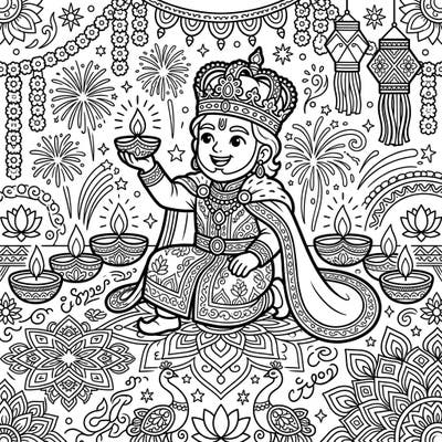 Step into a whimsical world where history meets festivity with this unique coloring page. A regal Medieval monarch joyously celebrates Diwali, ready for your creative touch.