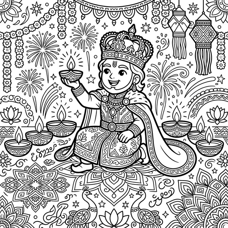 Step into a whimsical world where history meets festivity with this unique coloring page. A regal Medieval monarch joyously celebrates Diwali, ready for your creative touch.