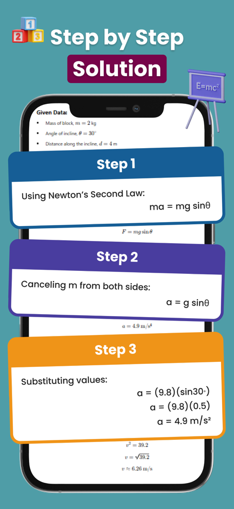 Physics solver－Homework helper - A mobile app interface displaying a detailed step by step physics homework solution for a motion problem