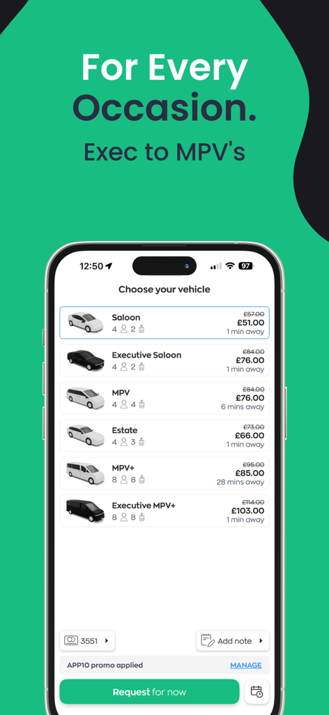 Abetta - Rides & Couriers - Abetta mobile app screen showing vehicle choices including Saloon, Executive, and MPV with fixed prices and estimated wait times.