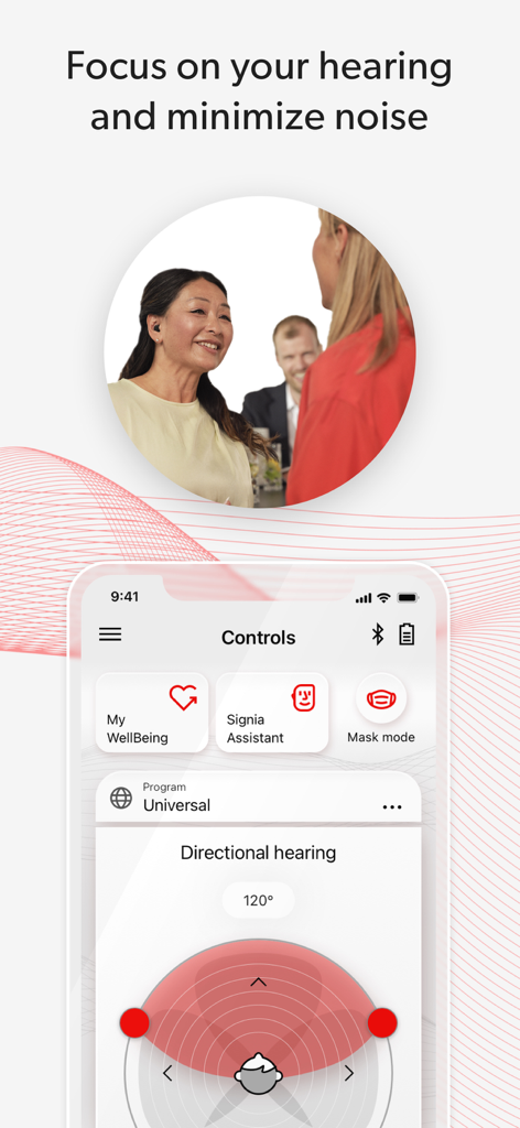 Signia App interface showing directional hearing settings and noise reduction controls for hearing aids