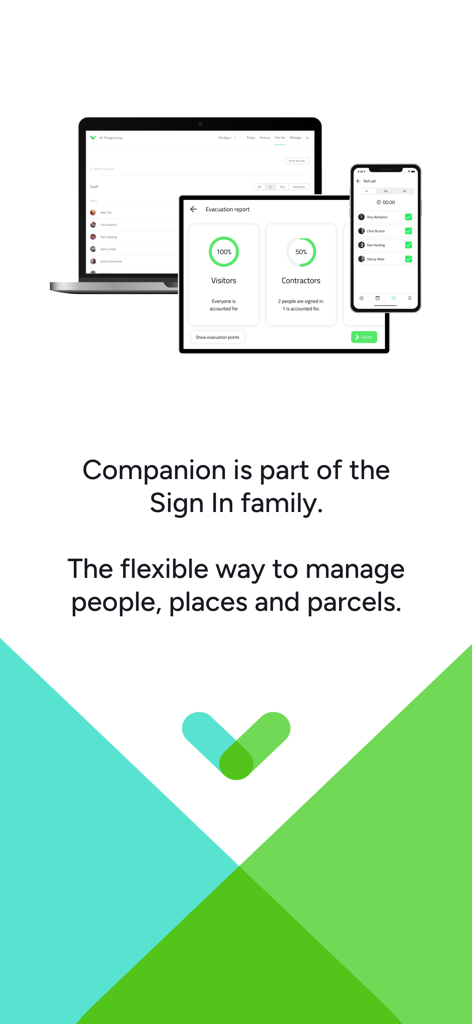 Sign In Companion - Sign In Companion App angezeigt auf einem Laptop, Tablet und Smartphone, die Funktionen zur Verwaltung des Arbeitsplatzes hervorheben
