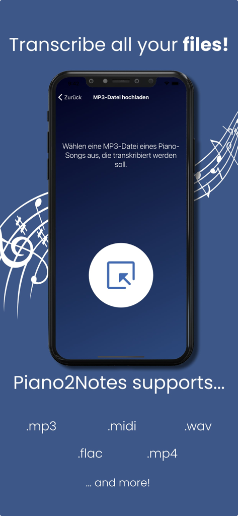 Smartphone showing Piano2Notes app interface for uploading audio files like mp3 and wav for piano transcription