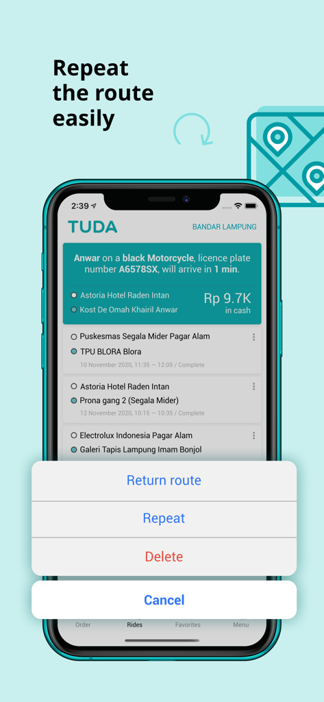TUDA — rides and delivery - Interfaz de la aplicación de transporte compartido TUDA mostrando la opción de repetir fácilmente una ruta anterior del historial de viajes